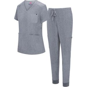 Natural Uniforms Womens 10 Pocket Cool Stretch Jogger Scrub Set(Heather Grey)