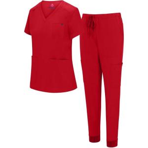 Natural Uniforms Womens 10 Pocket Cool Stretch Jogger Scrub Set(Red)