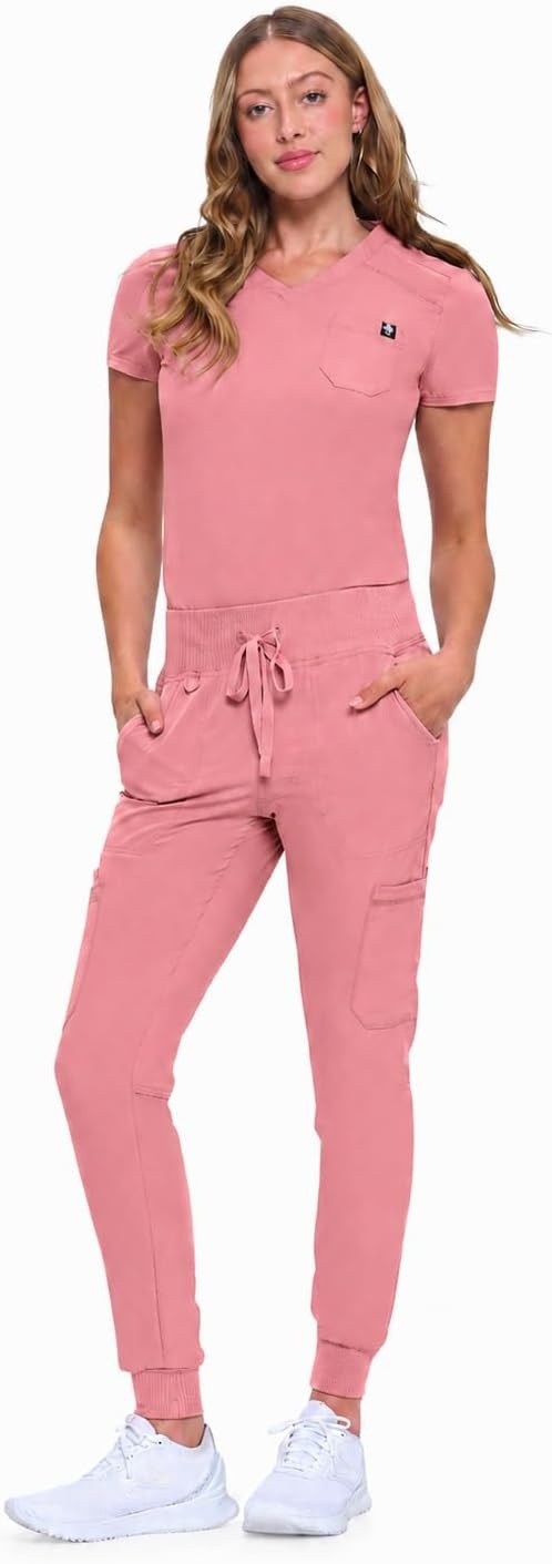 image:imageNatural Uniforms Womens Cool Stretch Modern TuckIn Top Yoga Jogger Scrub Set with Regular and Petite SizesMauve