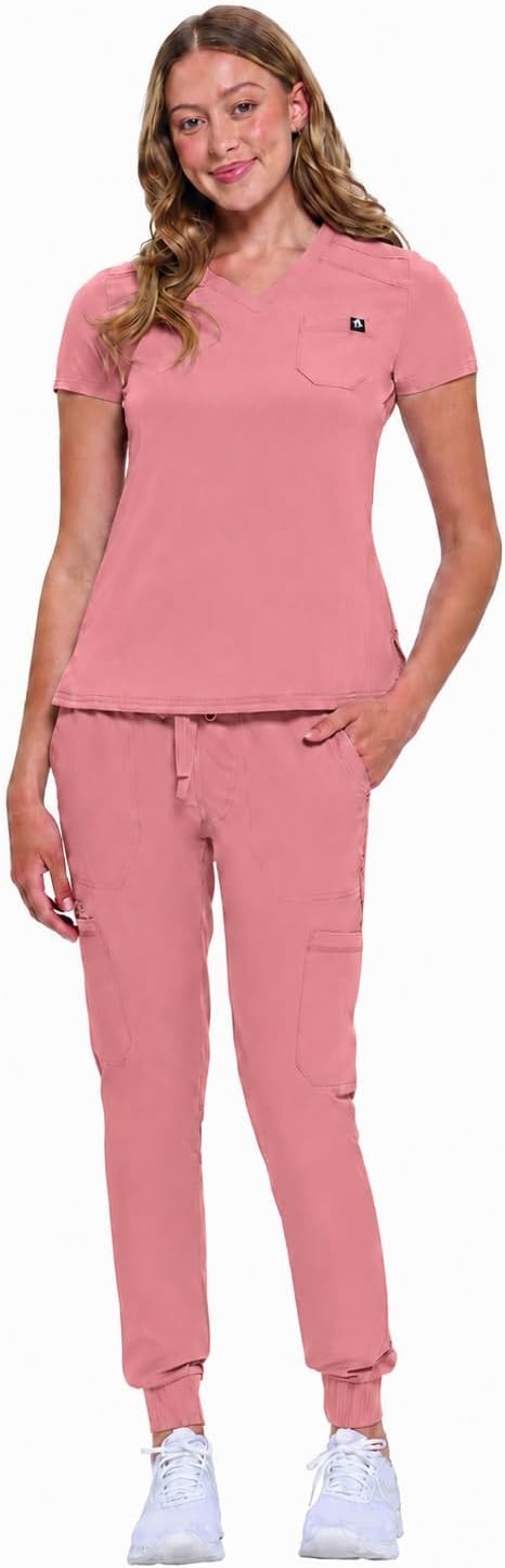 image:imageNatural Uniforms Womens Cool Stretch Modern TuckIn Top Yoga Jogger Scrub Set with Regular and Petite SizesMauve