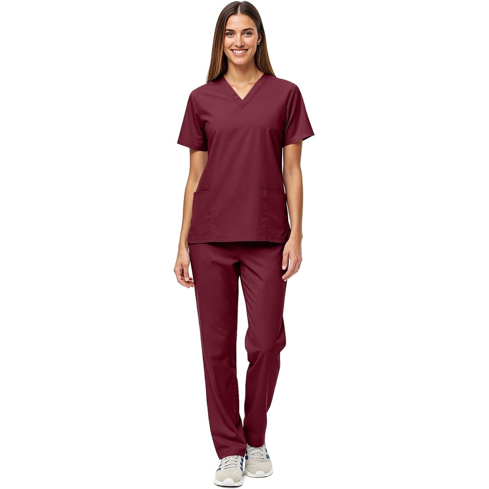 image:imageNatural Uniforms Womens Scrub Set Medical Tops and Pants PewterBurgundy